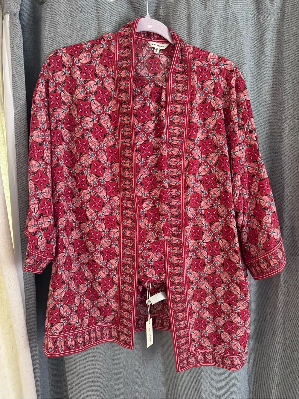 Max Studio Red Printed Open-Front Kimono and Matching Pant Set